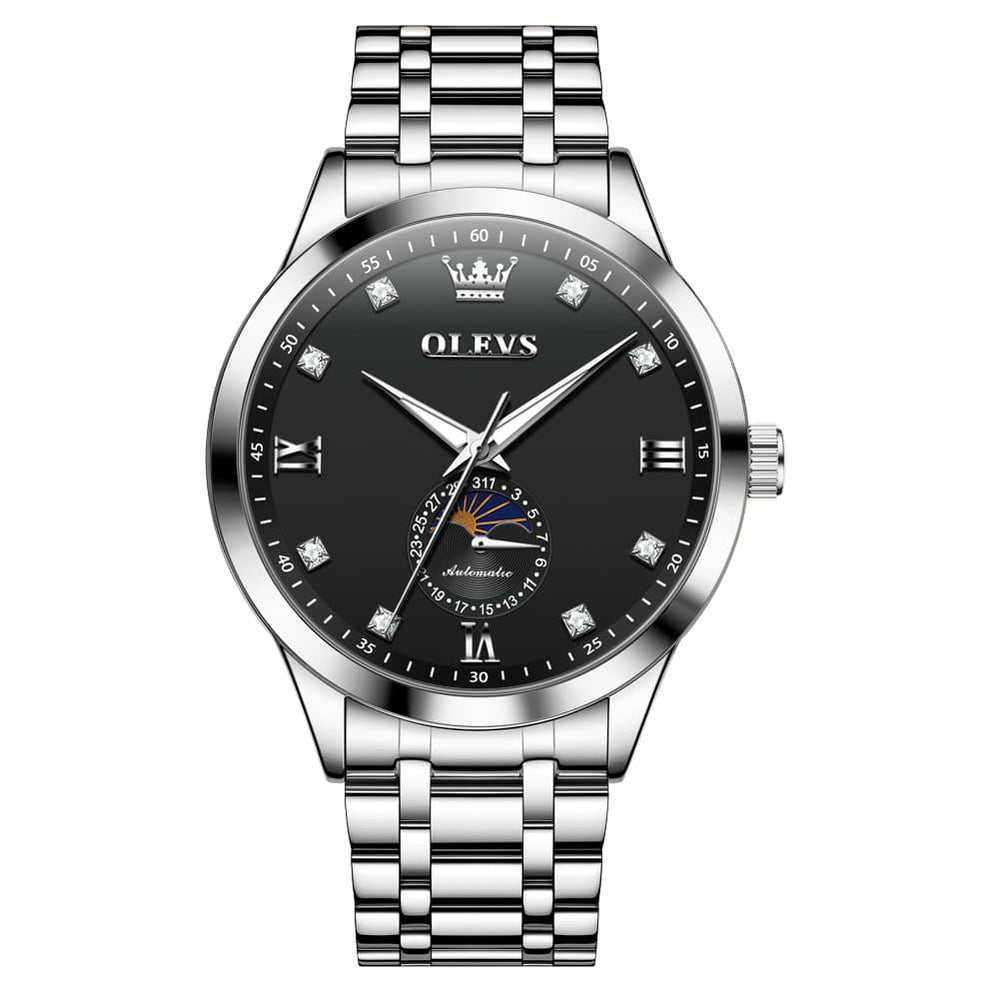 OLEVS 7041 Solid Steel Moon Phase Automatic Watch For Men - Silver Black Watch | Olevs Watch Store