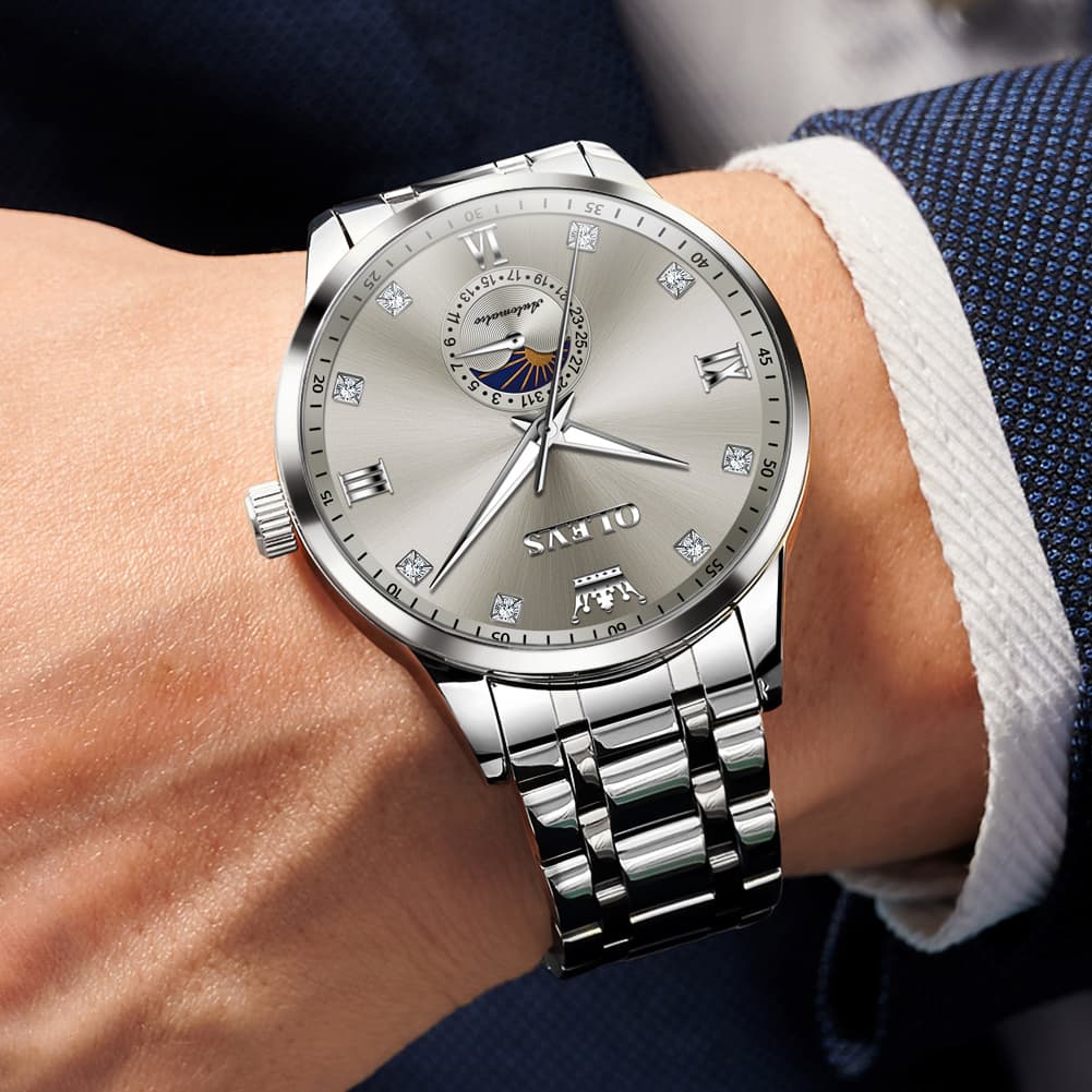 OLEVS 7041 Solid Steel Moon Phase Automatic Watch For Men - Silver Black Watch | Olevs Watch Store