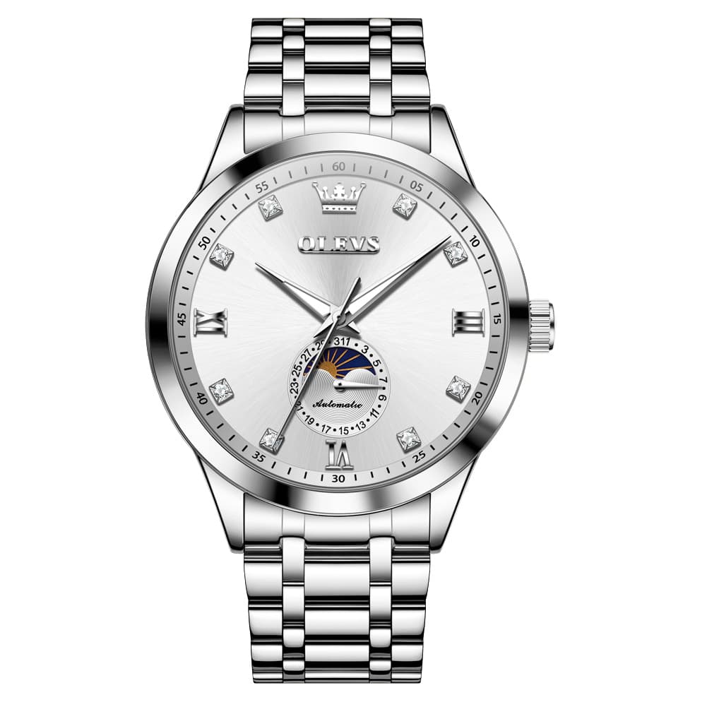 OLEVS 7041 Solid Steel Moon Phase Automatic Watch For Men - Silver Black Watch | Olevs Watch Store