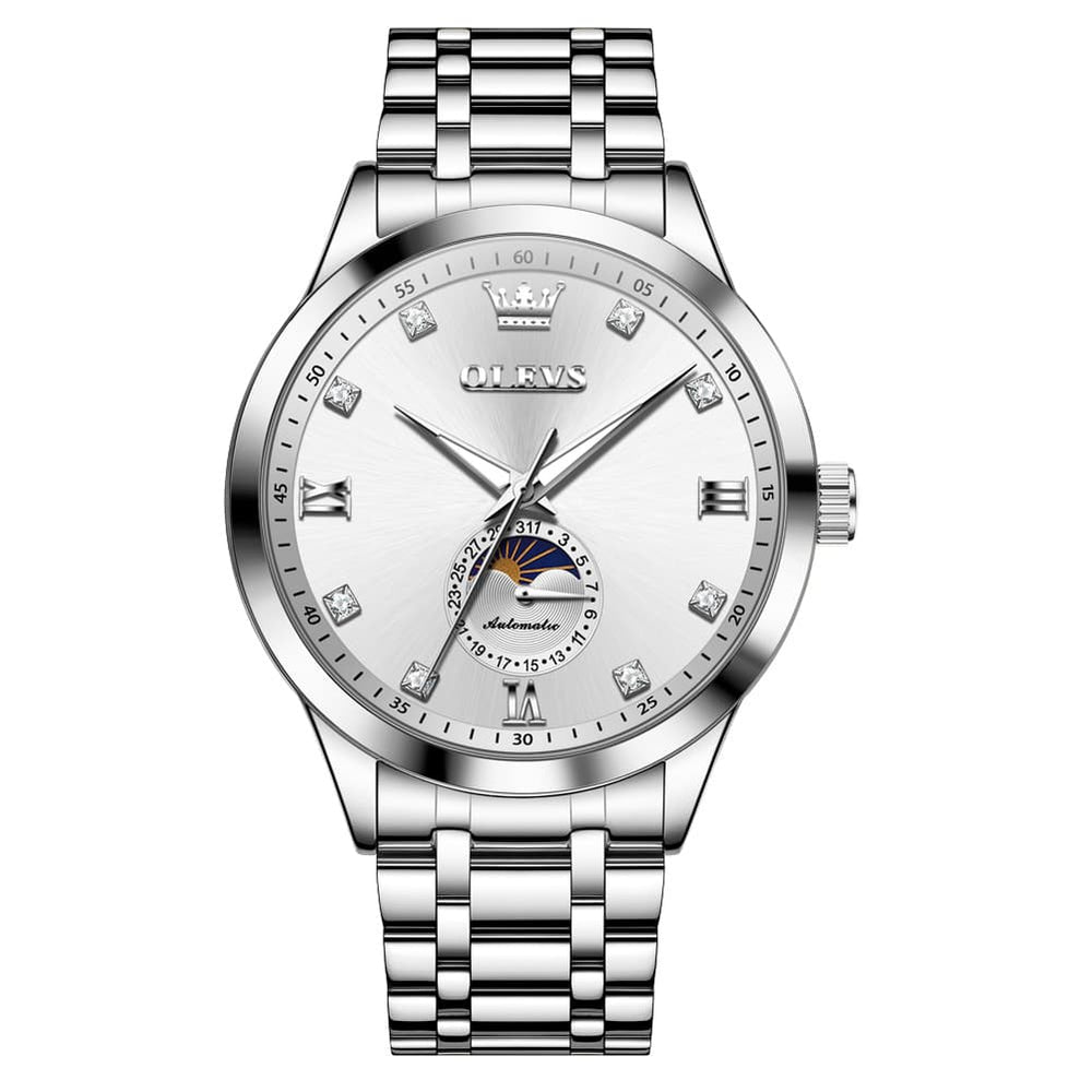 OLEVS 7041 Solid Steel Moon Phase Automatic Watch For Men - Silver Black Watch | Olevs Watch Store