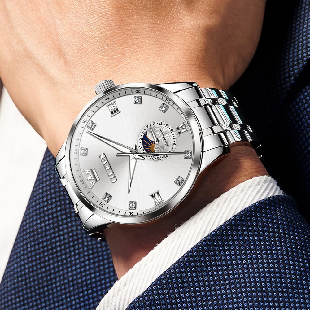 OLEVS 7041 Solid Steel Moon Phase Automatic Watch For Men - Silver Black Watch | Olevs Watch Store