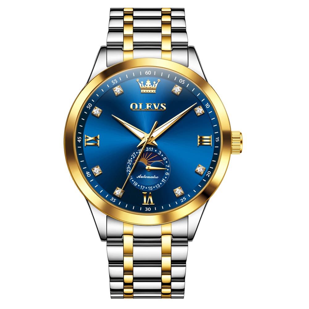 OLEVS 7041 Solid Steel Moon Phase Automatic Watch For Men - Silver Black Watch | Olevs Watch Store