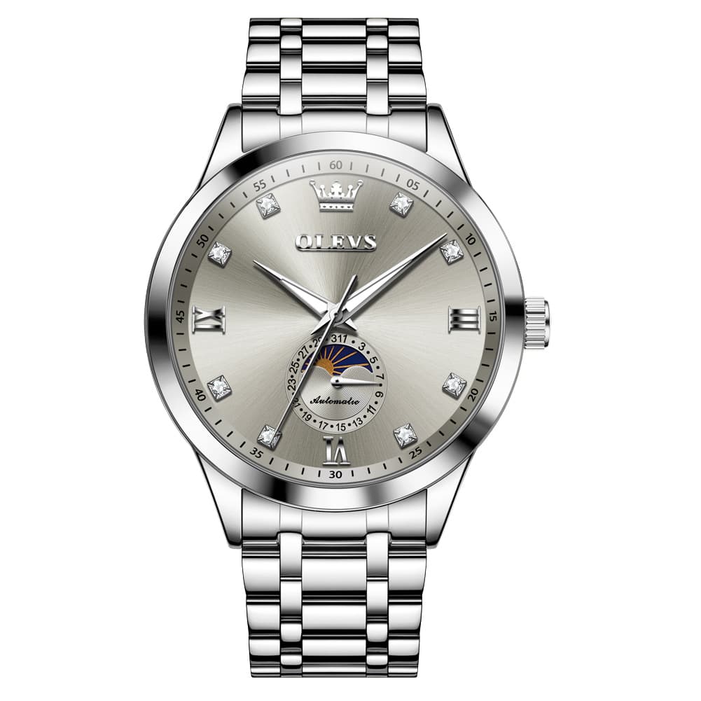 OLEVS 7041 Solid Steel Moon Phase Automatic Watch For Men - Silver Black Watch | Olevs Watch Store