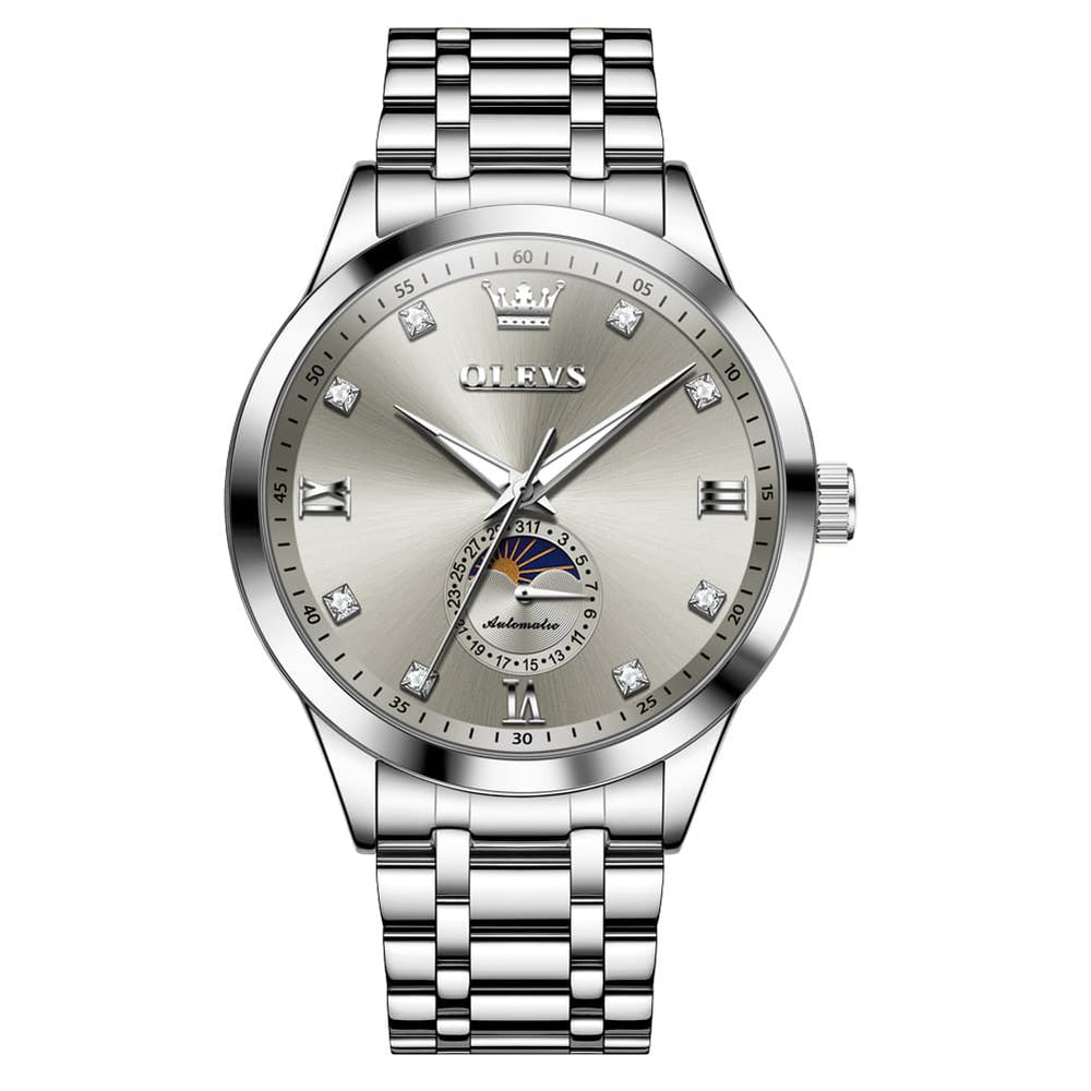 OLEVS 7041 Solid Steel Moon Phase Automatic Watch For Men - Silver Black Watch | Olevs Watch Store