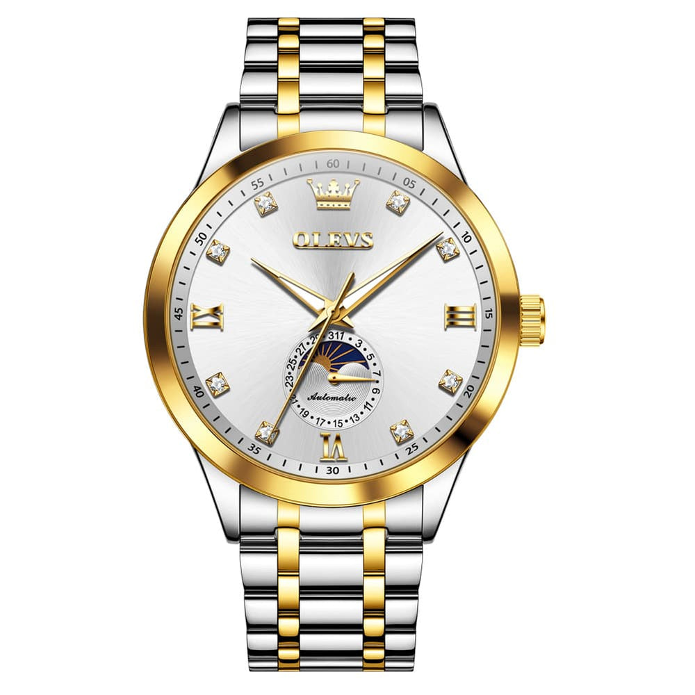 OLEVS 7041 Solid Steel Moon Phase Automatic Watch For Men - Silver Black Watch | Olevs Watch Store