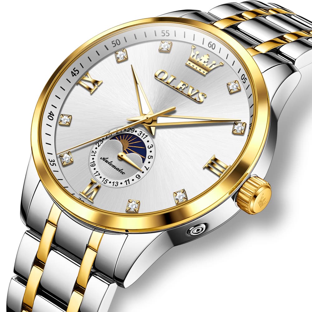 OLEVS 7041 Solid Steel Moon Phase Automatic Watch For Men - Silver Black Watch | Olevs Watch Store