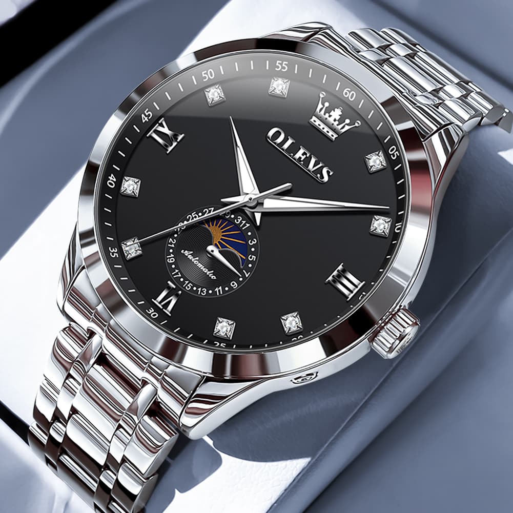 OLEVS 7041 Solid Steel Moon Phase Automatic Watch For Men - Silver Black Watch | Olevs Watch Store