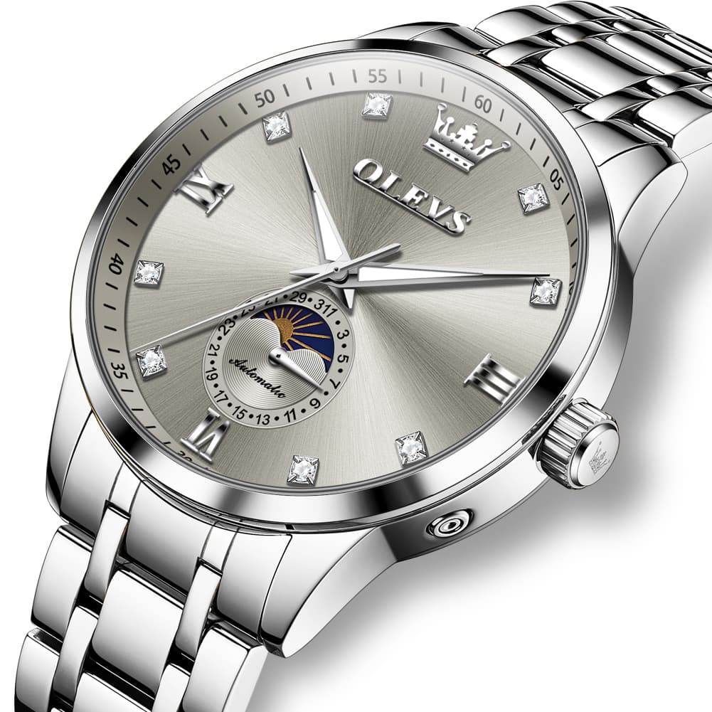 OLEVS 7041 Solid Steel Moon Phase Automatic Watch For Men - Silver Black Watch | Olevs Watch Store