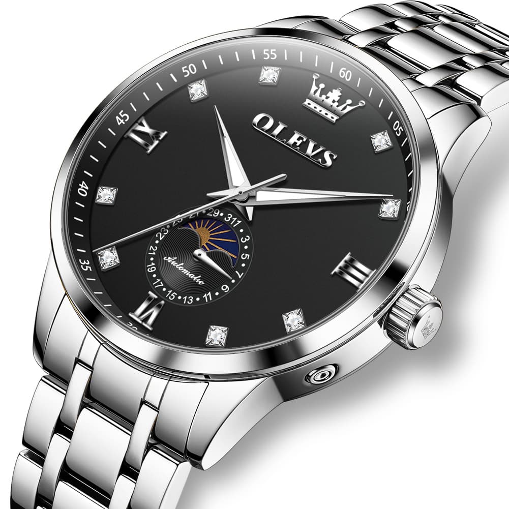 OLEVS 7041 Solid Steel Moon Phase Automatic Watch For Men - Silver Black Watch | Olevs Watch Store