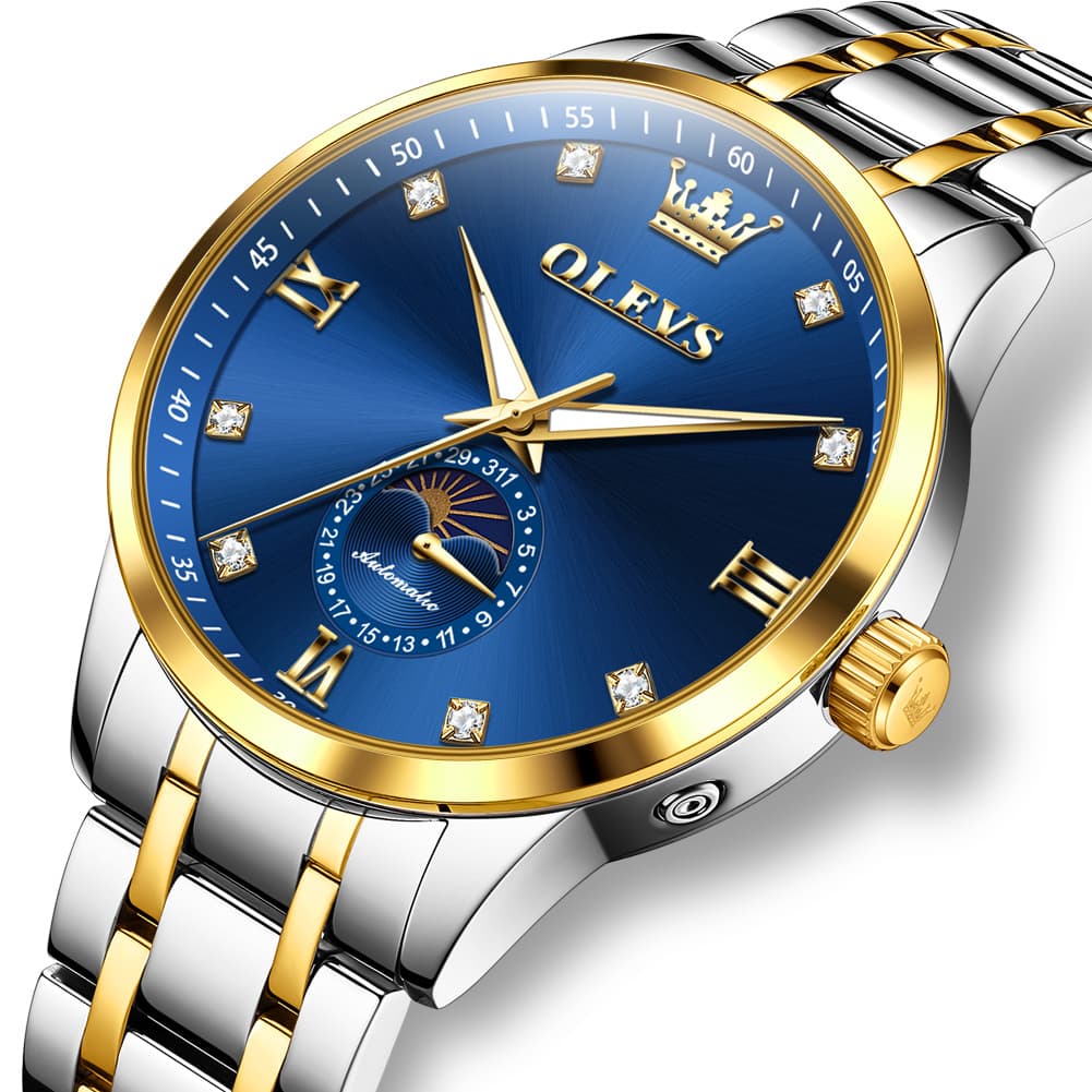 OLEVS 7041 Solid Steel Moon Phase Automatic Watch For Men - Silver Black Watch | Olevs Watch Store