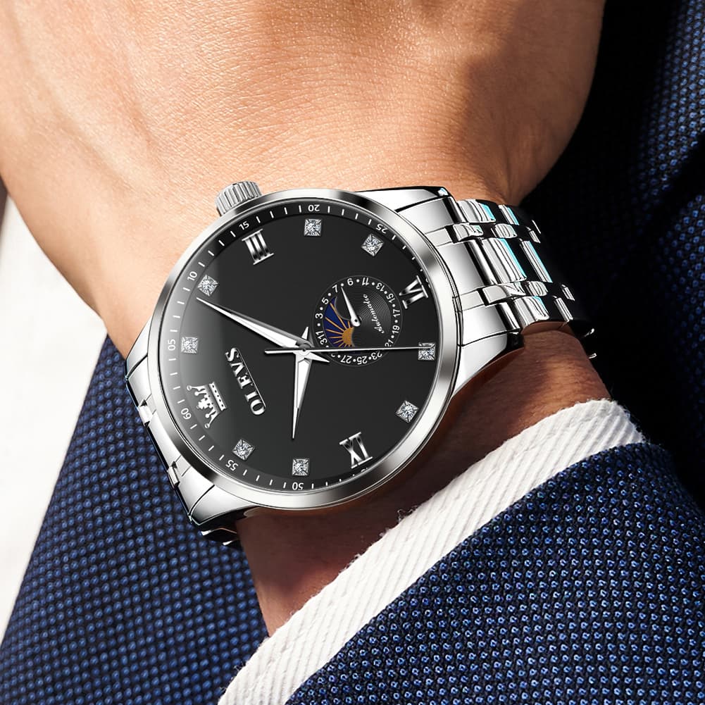 OLEVS 7041 Solid Steel Moon Phase Automatic Watch For Men - Silver Black Watch | Olevs Watch Store
