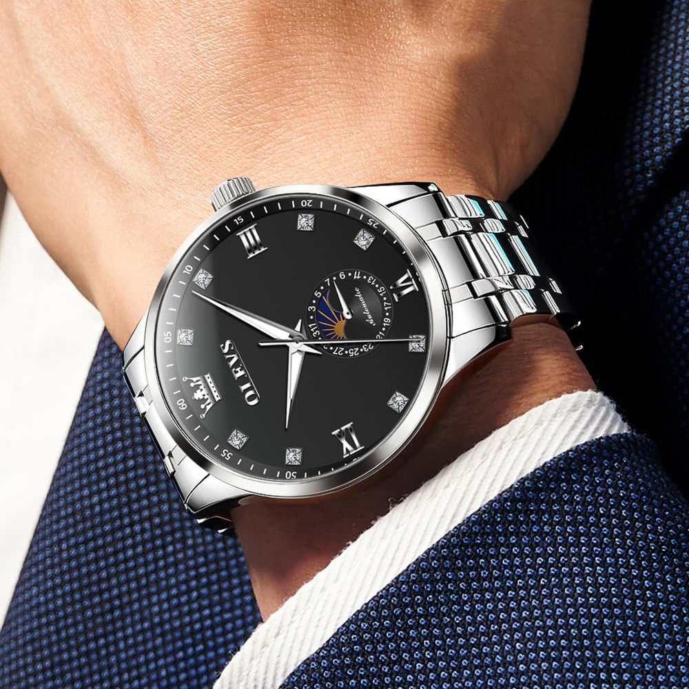 OLEVS 7041 Solid Steel Moon Phase Automatic Watch For Men - Silver Black Watch | Olevs Watch Store