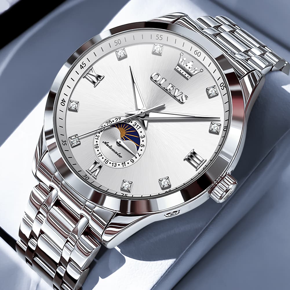 OLEVS 7041 Solid Steel Moon Phase Automatic Watch For Men - Silver White Watch | Olevs Watch Store