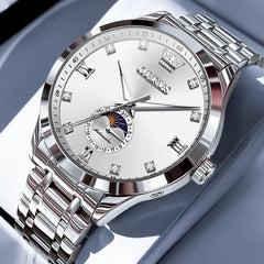 OLEVS 7041 Solid Steel Moon Phase Automatic Watch For Men - Silver White Watch | Olevs Watch Store