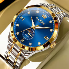 OLEVS 7041 Solid Steel Moon Phase Automatic Watch For Men - Two Tone Blue Watch | Olevs Watch Store