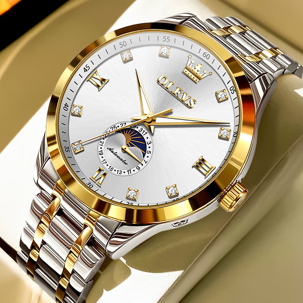 OLEVS 7041 Solid Steel Moon Phase Automatic Watch For Men - Two Tone White Watch | Olevs Watch Store
