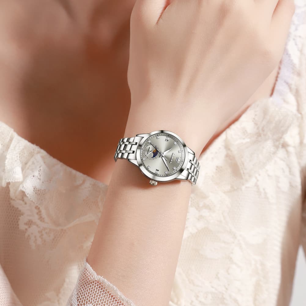 OLEVS 7041 Solid Steel Moon Phase Automatic Watch For Women - Silver Black Watch | Olevs Watch Store