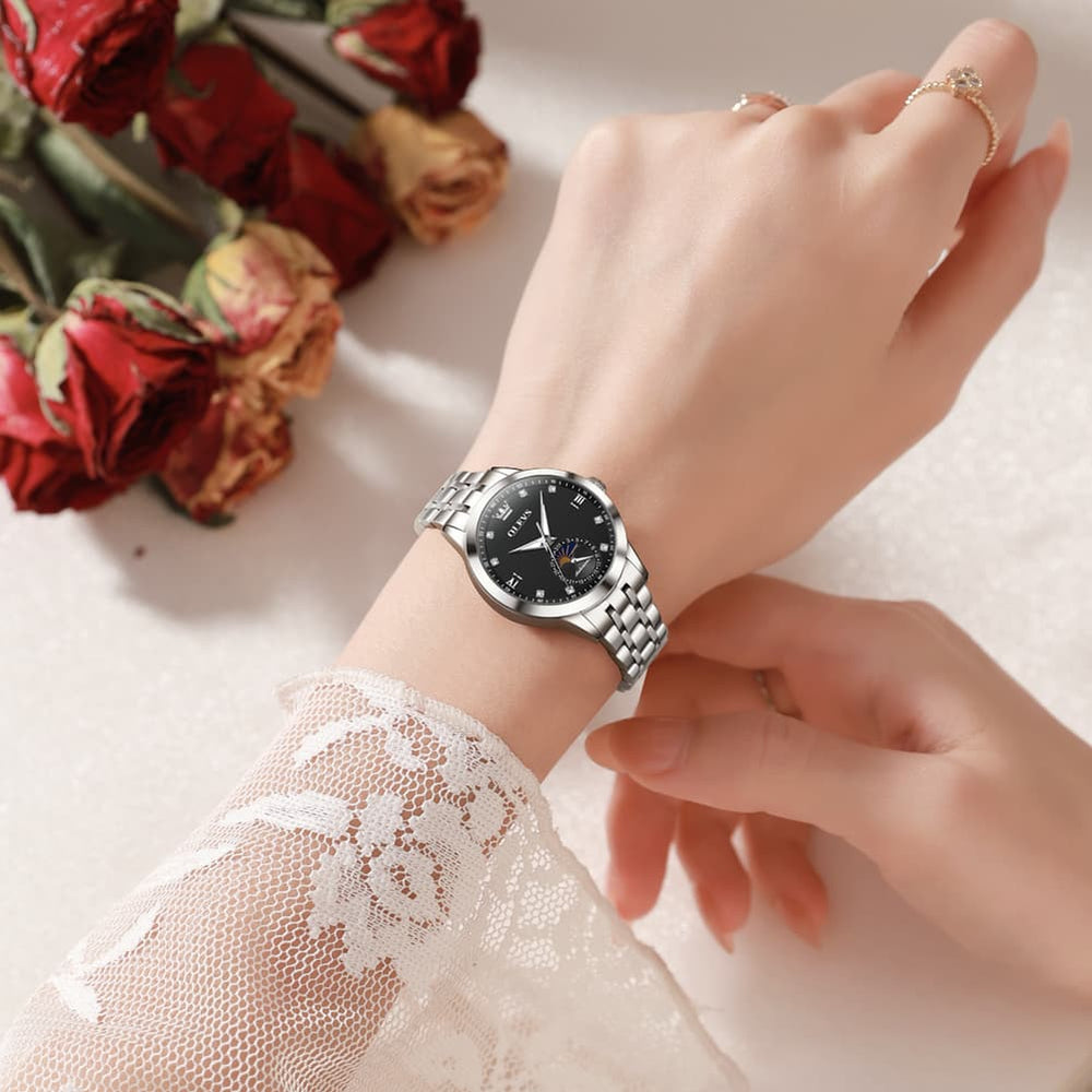 OLEVS 7041 Solid Steel Moon Phase Automatic Watch For Women - Silver Black Watch | Olevs Watch Store