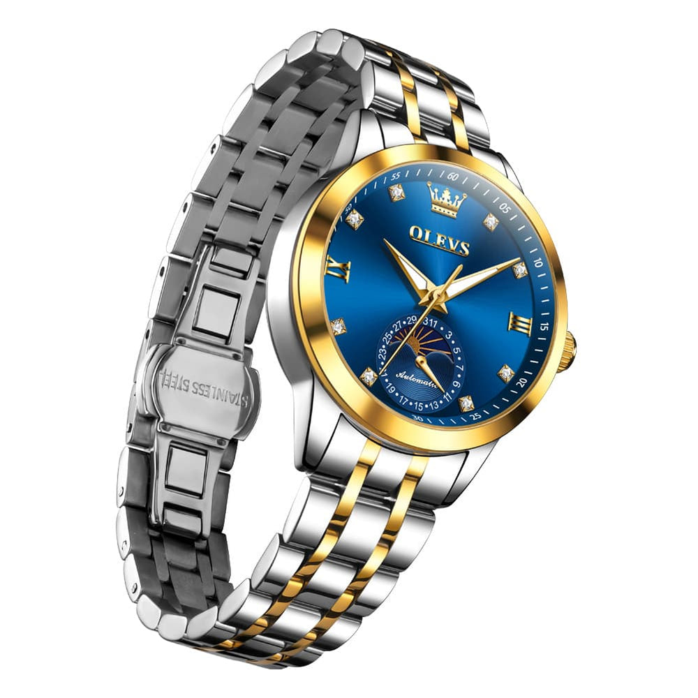 OLEVS 7041 Solid Steel Moon Phase Automatic Watch For Women - Silver Black Watch | Olevs Watch Store