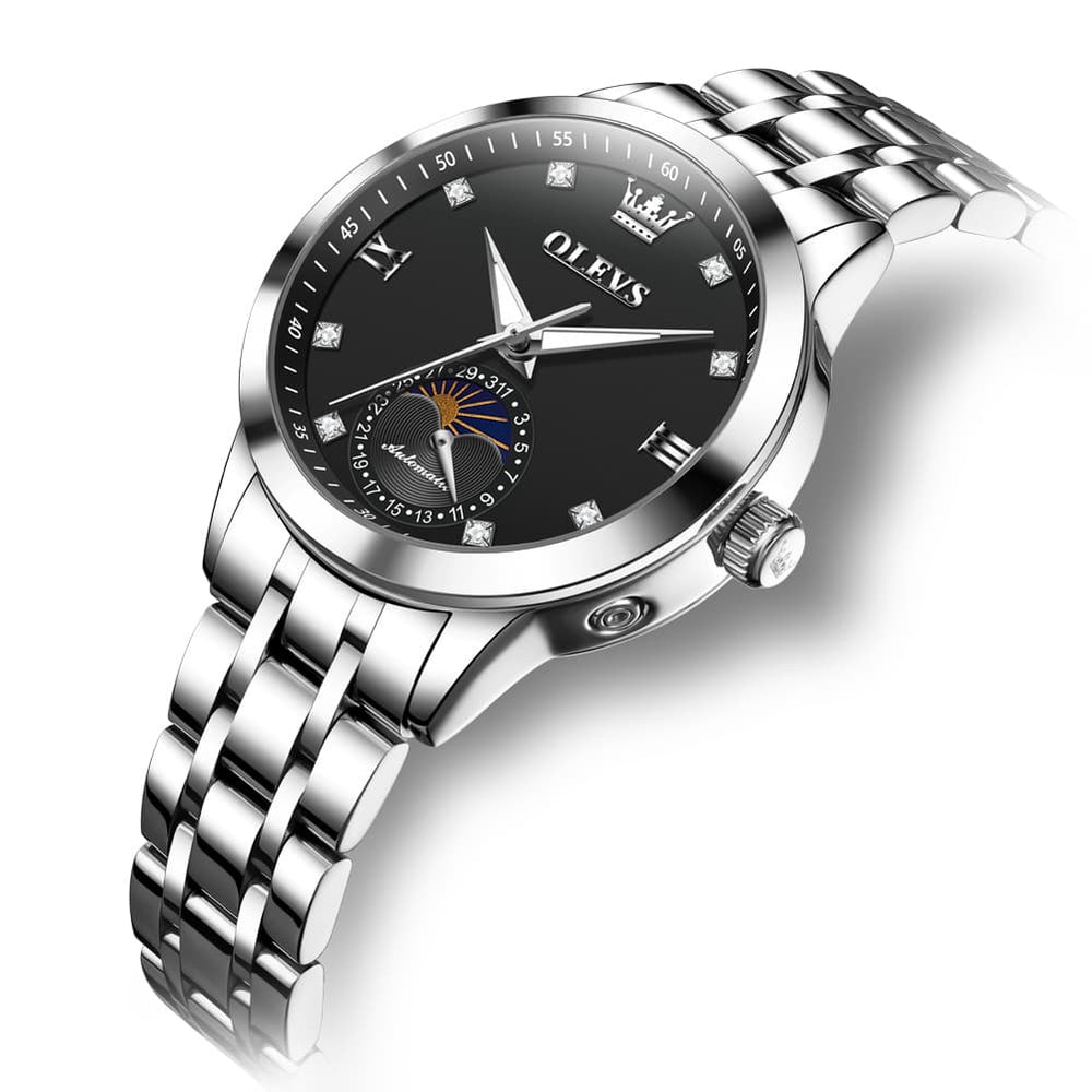 OLEVS 7041 Solid Steel Moon Phase Automatic Watch For Women - Silver Black Watch | Olevs Watch Store