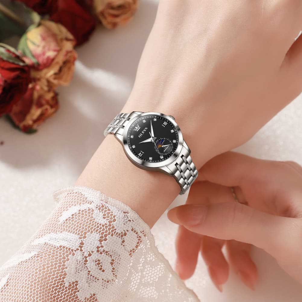 OLEVS 7041 Solid Steel Moon Phase Automatic Watch For Women - Silver Black Watch | Olevs Watch Store