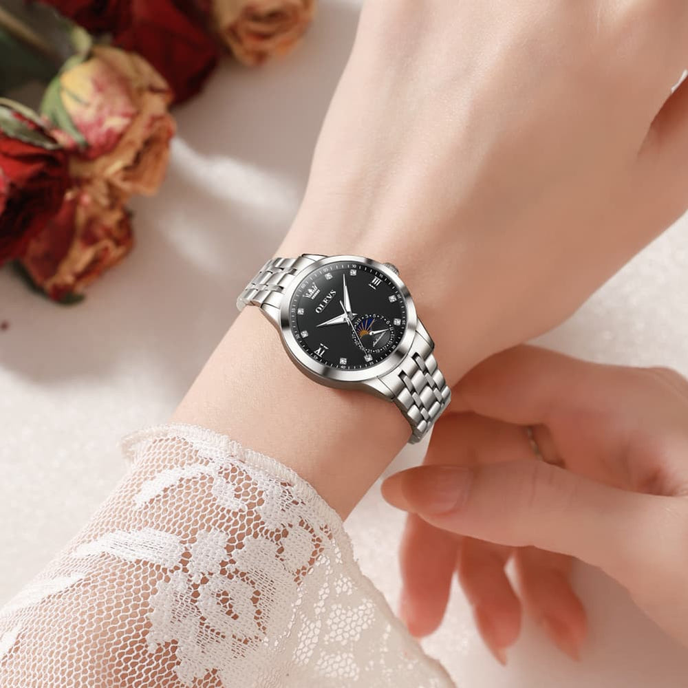 OLEVS 7041 Solid Steel Moon Phase Automatic Watch For Women - Silver Black Watch | Olevs Watch Store