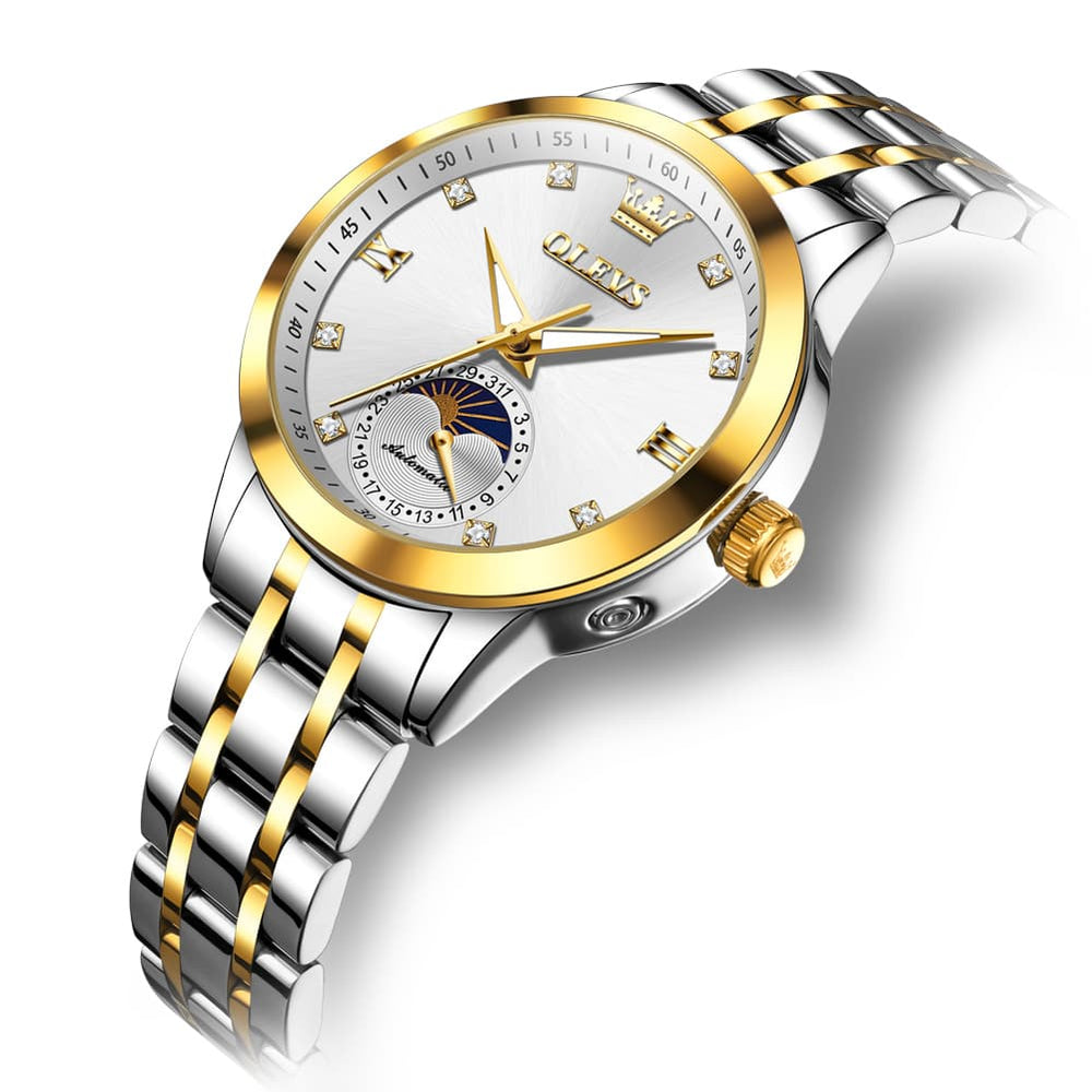 OLEVS 7041 Solid Steel Moon Phase Automatic Watch For Women - Silver Black Watch | Olevs Watch Store