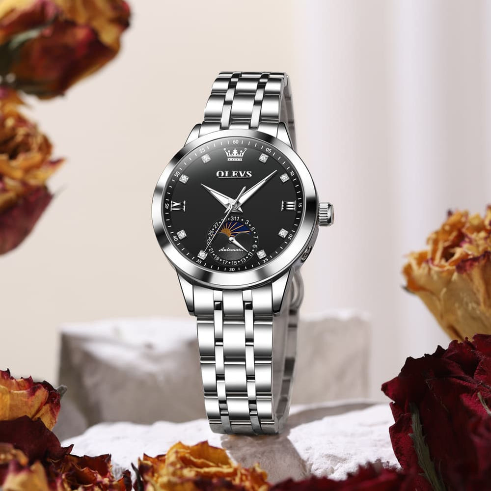OLEVS 7041 Solid Steel Moon Phase Automatic Watch For Women - Silver Black Watch | Olevs Watch Store