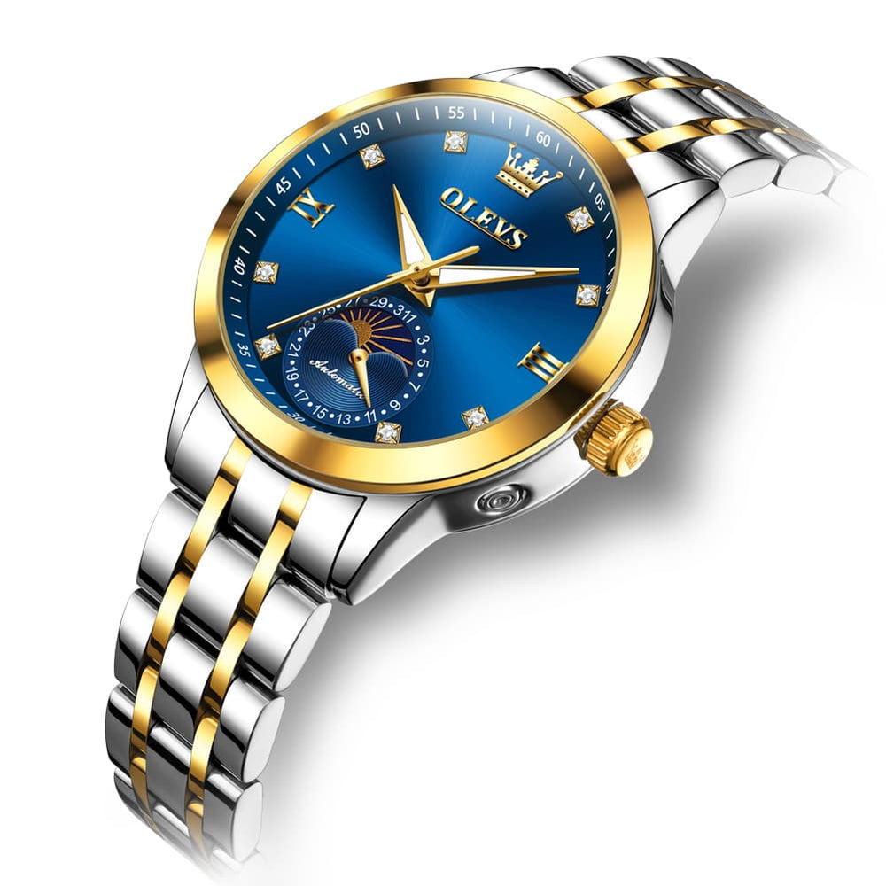 OLEVS 7041 Solid Steel Moon Phase Automatic Watch For Women - Silver Black Watch | Olevs Watch Store