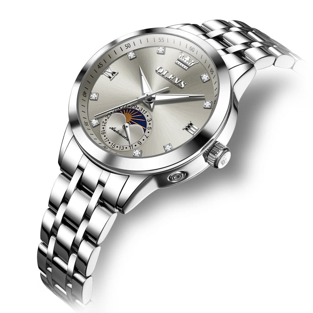 OLEVS 7041 Solid Steel Moon Phase Automatic Watch For Women - Silver Black Watch | Olevs Watch Store