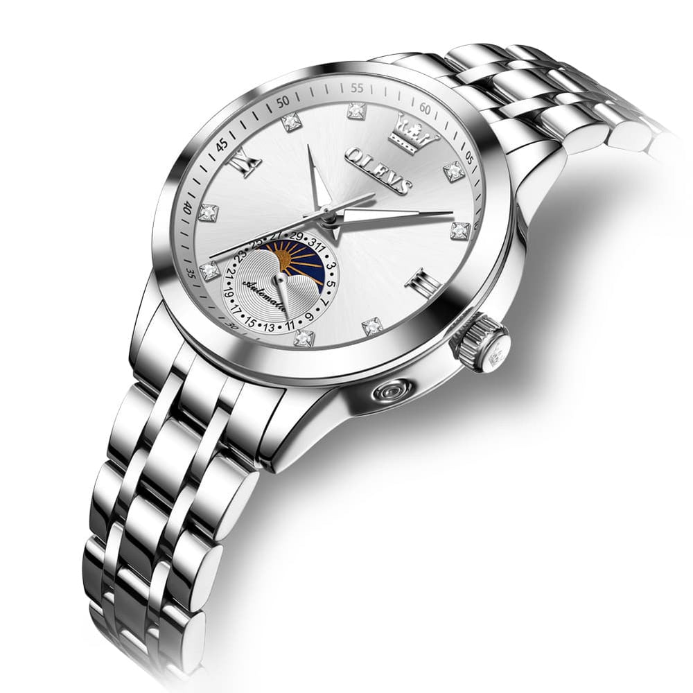 OLEVS 7041 Solid Steel Moon Phase Automatic Watch For Women - Silver Black Watch | Olevs Watch Store