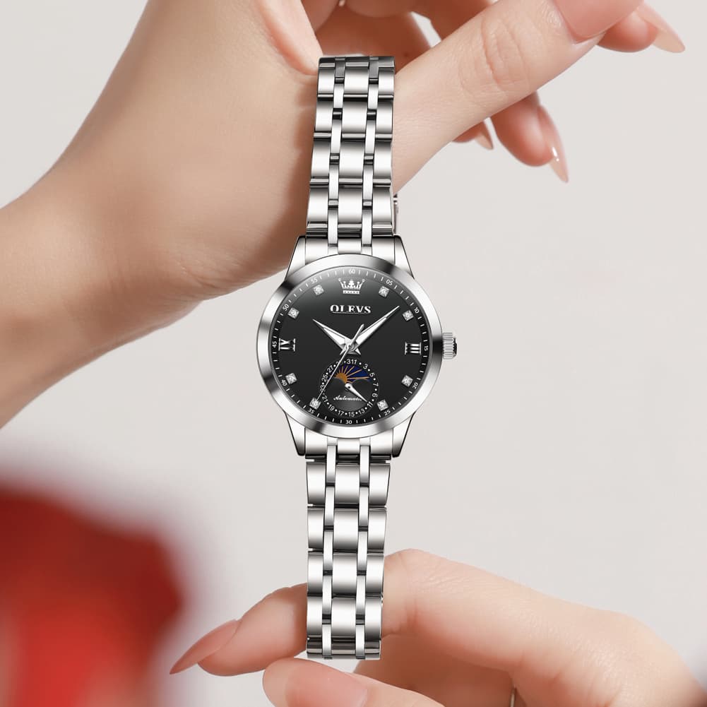 OLEVS 7041 Solid Steel Moon Phase Automatic Watch For Women - Silver Black Watch | Olevs Watch Store