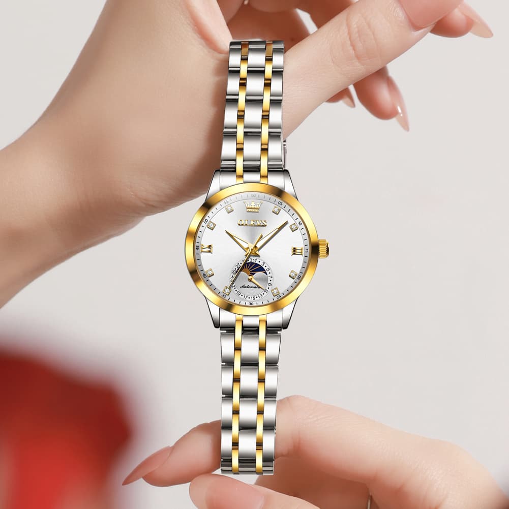 OLEVS 7041 Solid Steel Moon Phase Automatic Watch For Women - Silver Black Watch | Olevs Watch Store