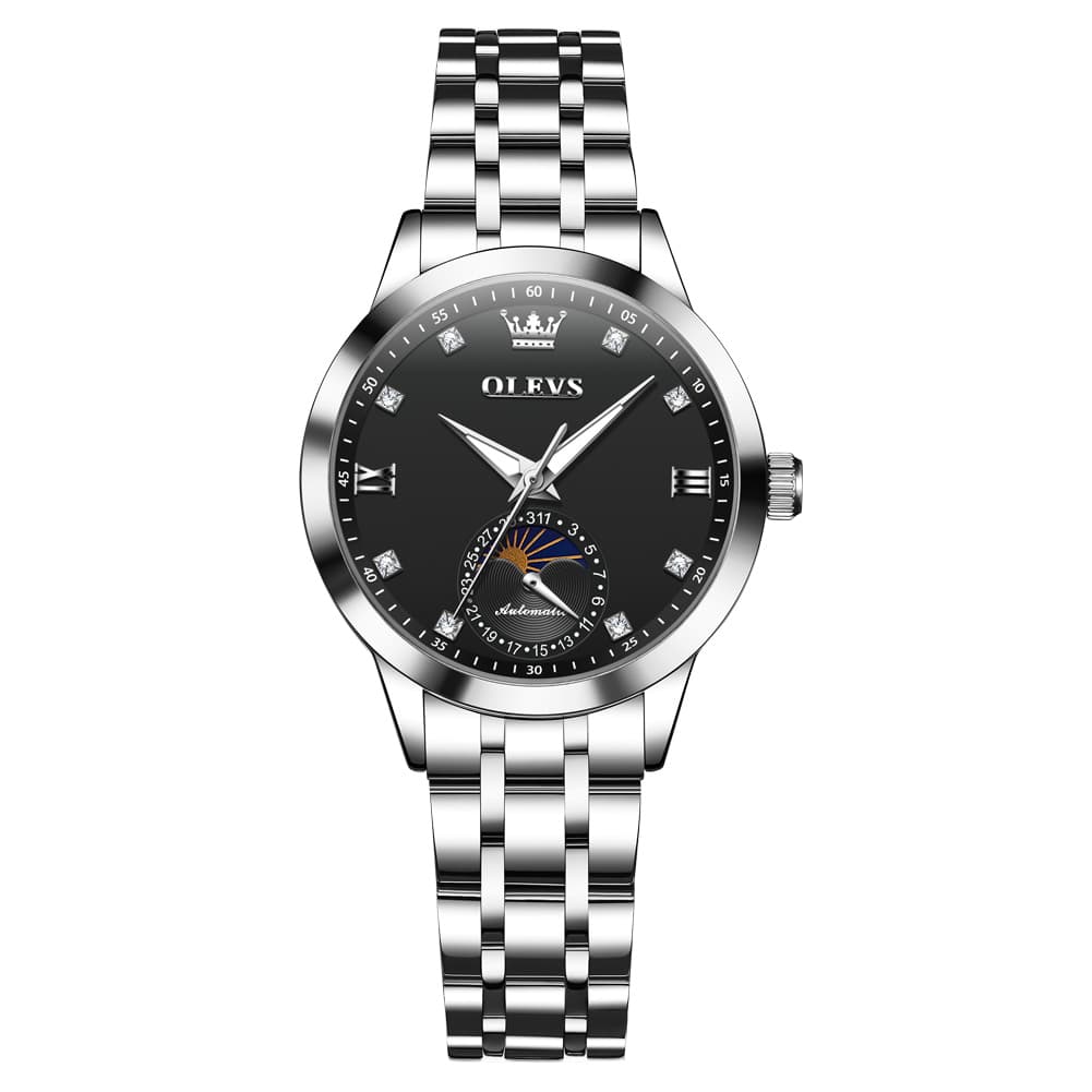 OLEVS 7041 Solid Steel Moon Phase Automatic Watch For Women - Silver Black Watch | Olevs Watch Store