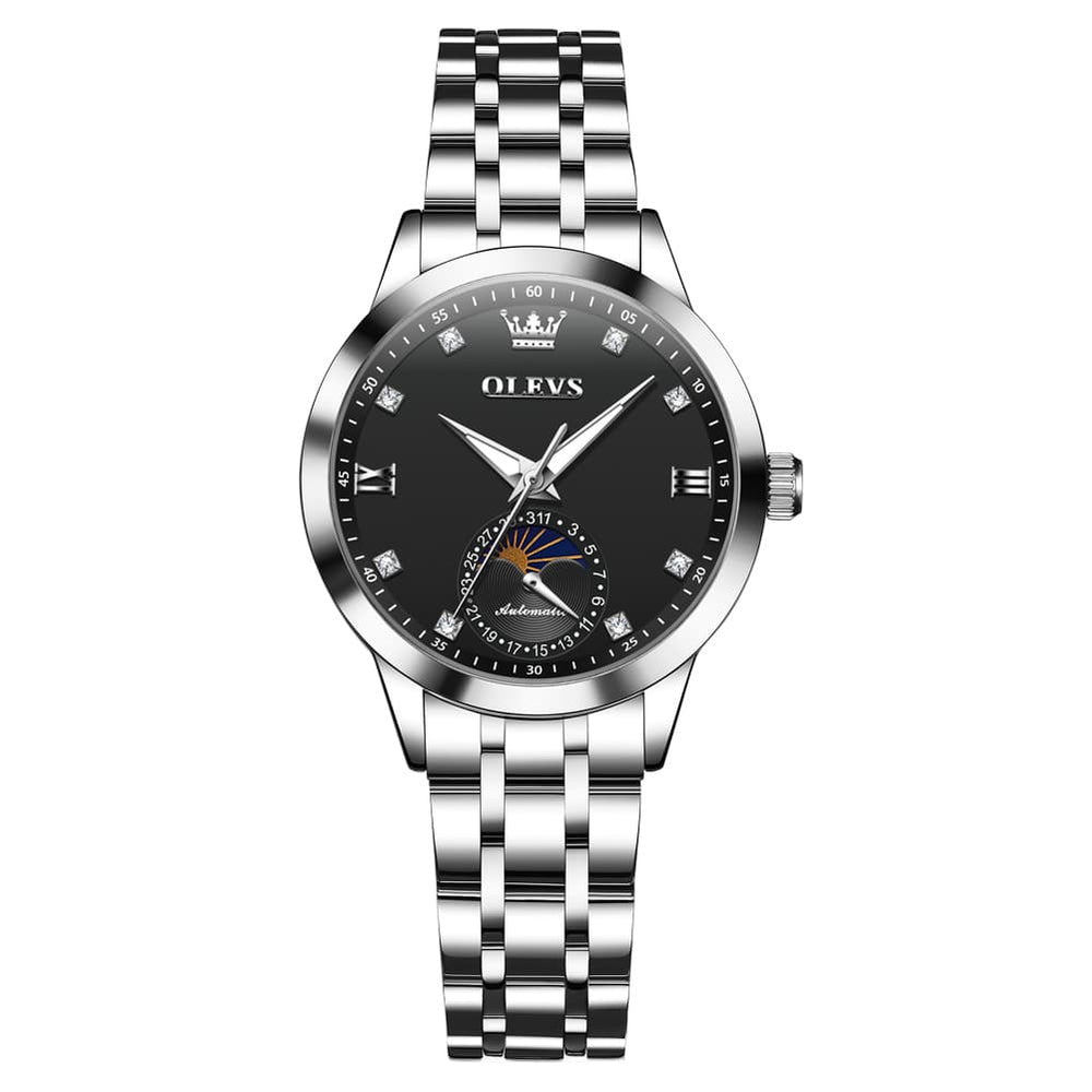 OLEVS 7041 Solid Steel Moon Phase Automatic Watch For Women - Silver Black Watch | Olevs Watch Store