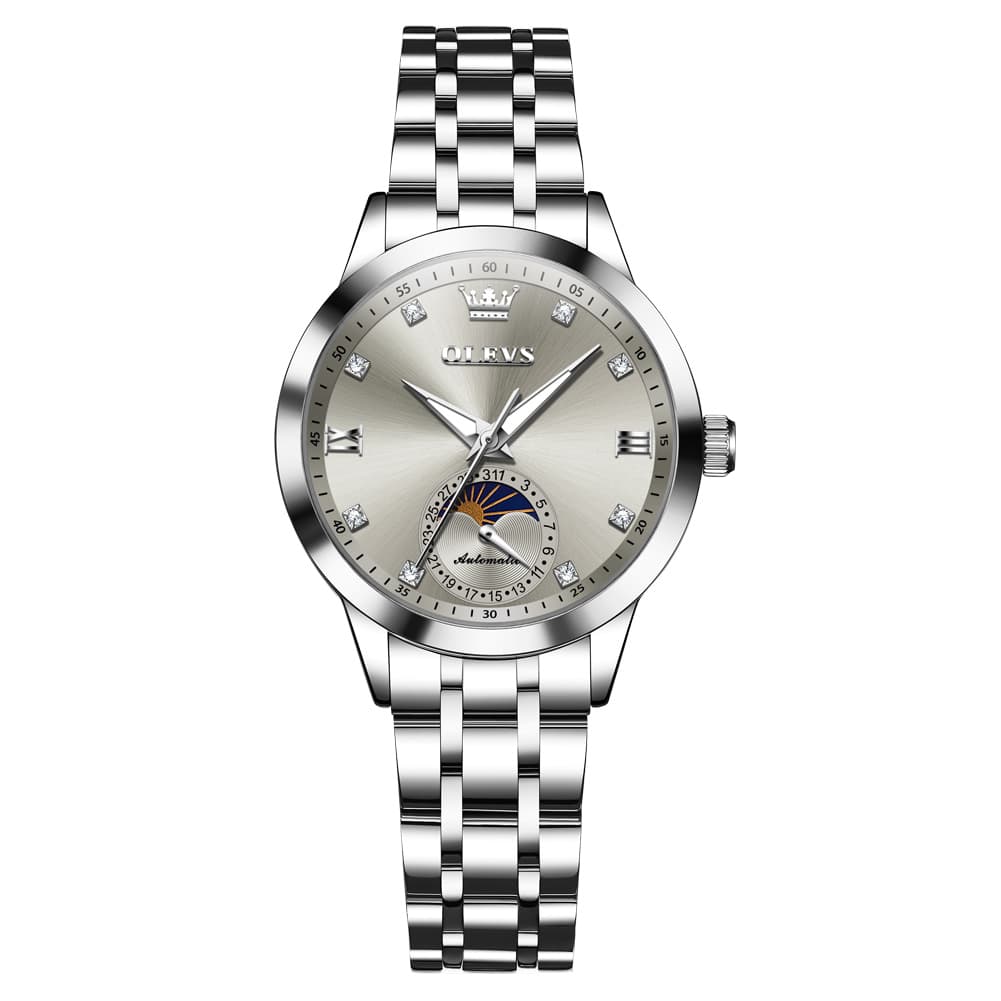 OLEVS 7041 Solid Steel Moon Phase Automatic Watch For Women - Silver Grey Watch | Olevs Watch Store