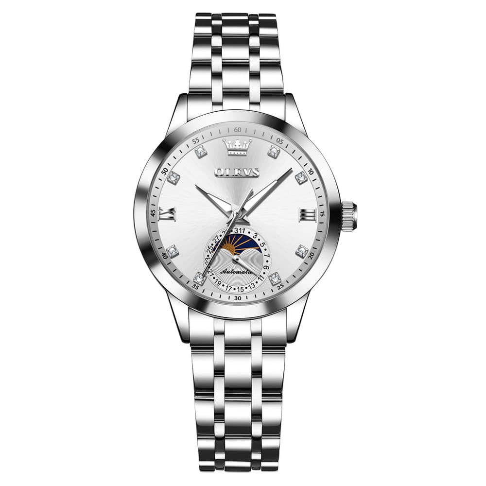 OLEVS 7041 Solid Steel Moon Phase Automatic Watch For Women - Silver White Watch | Olevs Watch Store
