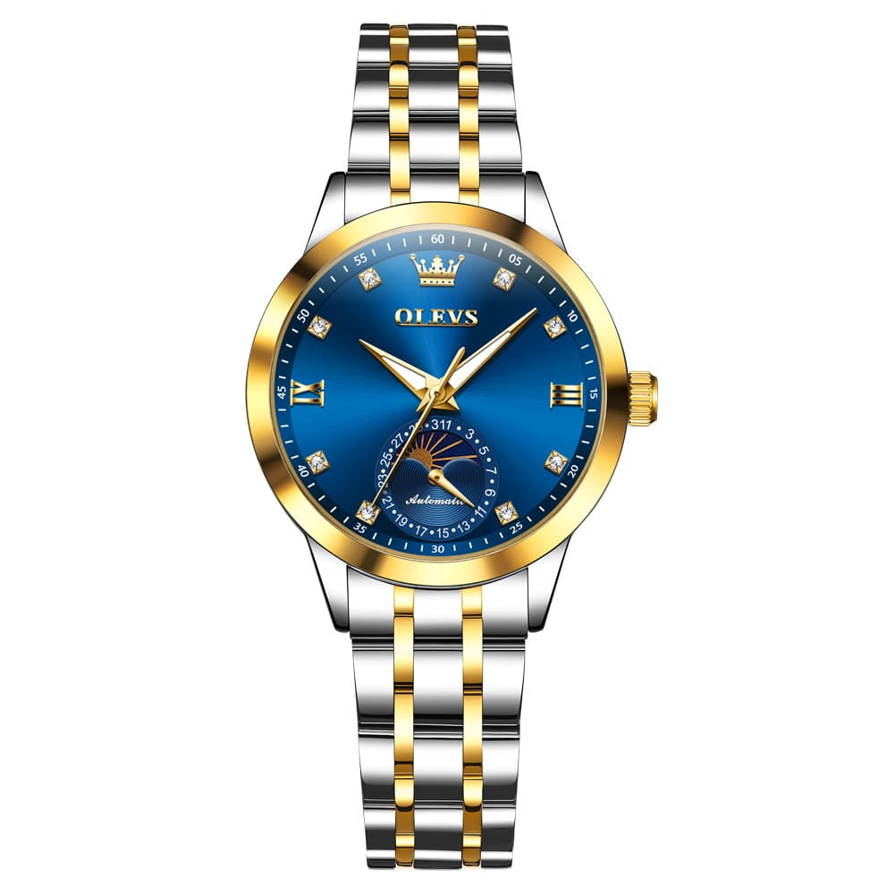 OLEVS 7041 Solid Steel Moon Phase Automatic Watch For Women - Two Tone Blue Watch | Olevs Watch Store