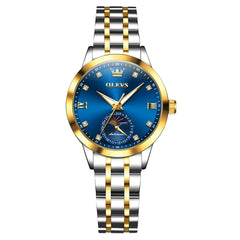 OLEVS 7041 Solid Steel Moon Phase Automatic Watch For Women - Two Tone Blue Watch | Olevs Watch Store