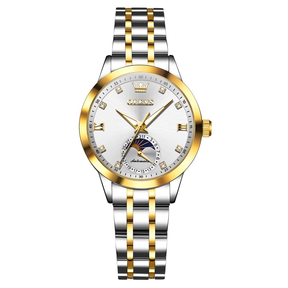 OLEVS 7041 Solid Steel Moon Phase Automatic Watch For Women - Two Tone White Watch | Olevs Watch Store