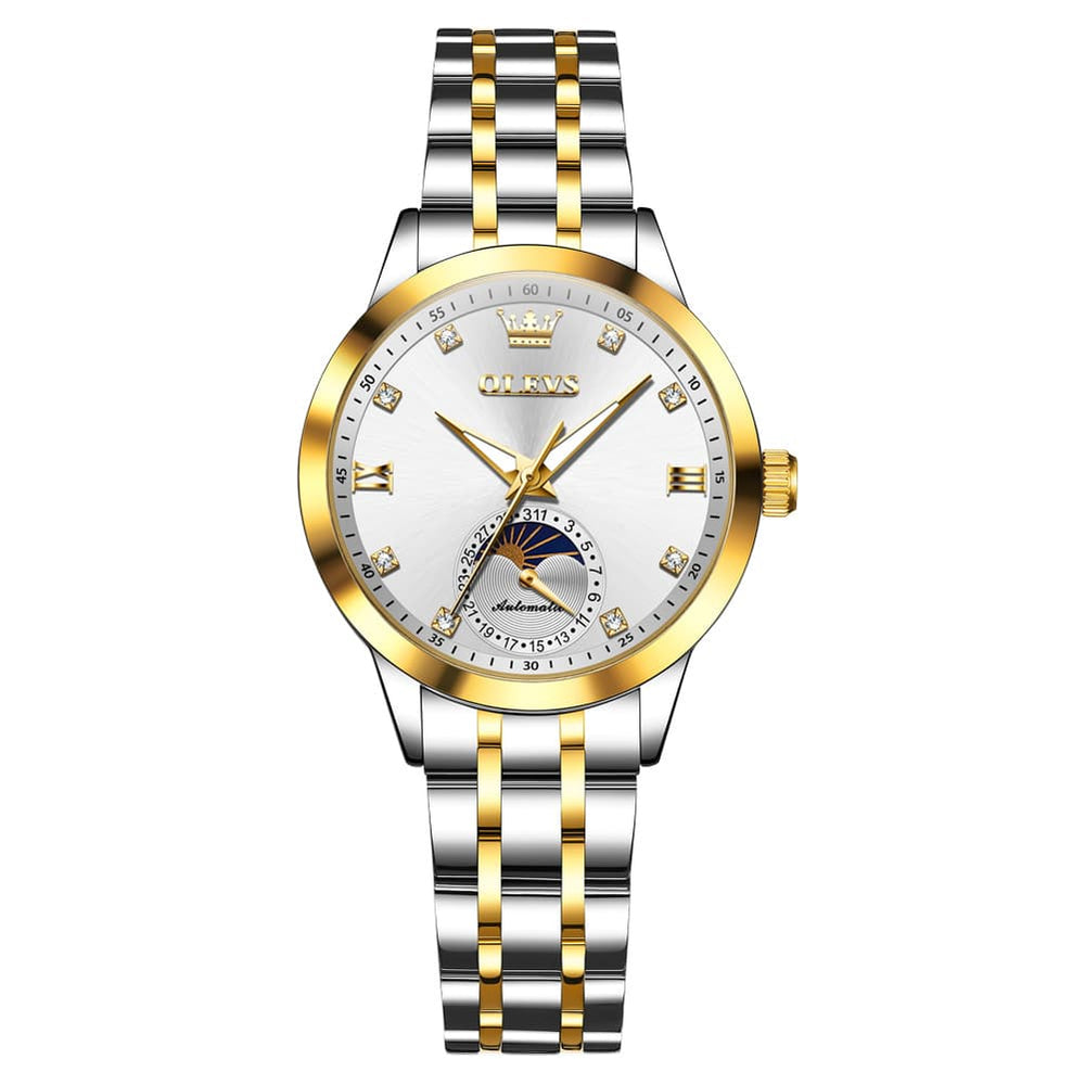 OLEVS 7041 Solid Steel Moon Phase Automatic Watch For Women - Two Tone White Watch | Olevs Watch Store
