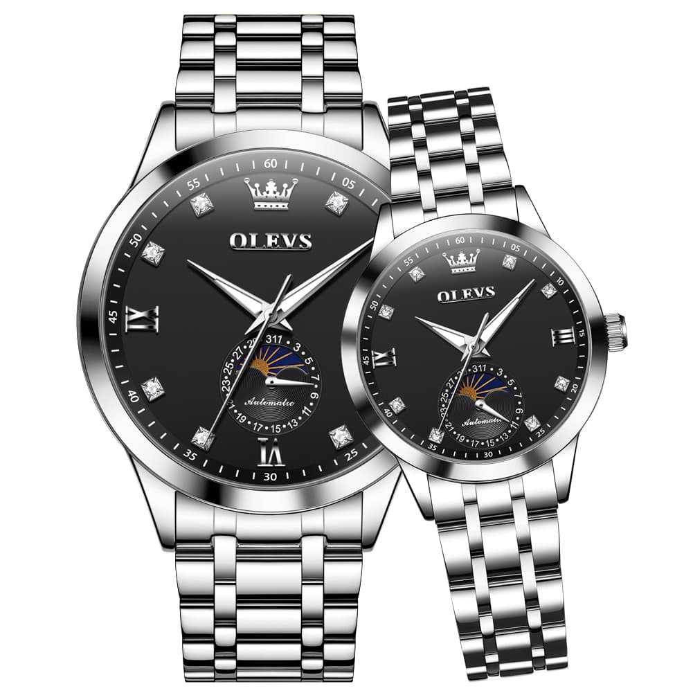 OLEVS 7041 Solid Steel Moon Phase Couples Watch Set - Silver Black Watch | Olevs Watch Store
