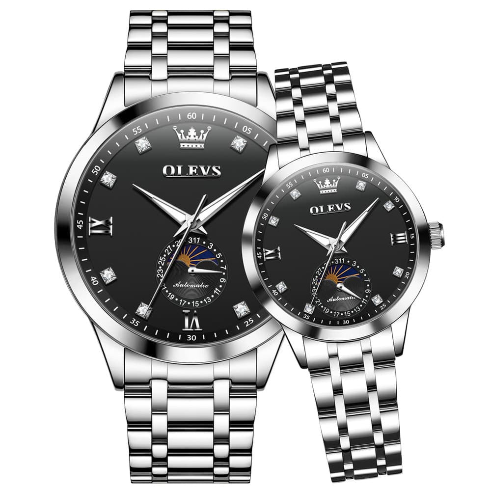 OLEVS 7041 Solid Steel Moon Phase Couples Watch Set - Silver Black Watch | Olevs Watch Store