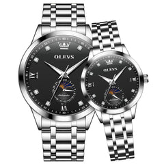 OLEVS 7041 Solid Steel Moon Phase Couples Watch Set - Silver Black Watch | Olevs Watch Store
