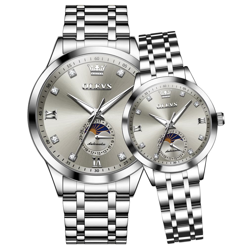 OLEVS 7041 Solid Steel Moon Phase Couples Watch Set - Silver Grey Watch | Olevs Watch Store