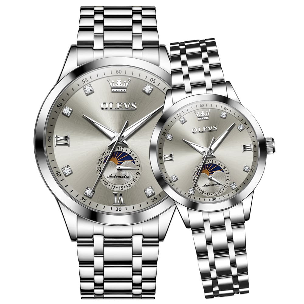 OLEVS 7041 Solid Steel Moon Phase Couples Watch Set - Silver Grey Watch | Olevs Watch Store