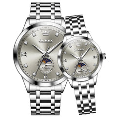 OLEVS 7041 Solid Steel Moon Phase Couples Watch Set - Silver Grey Watch | Olevs Watch Store
