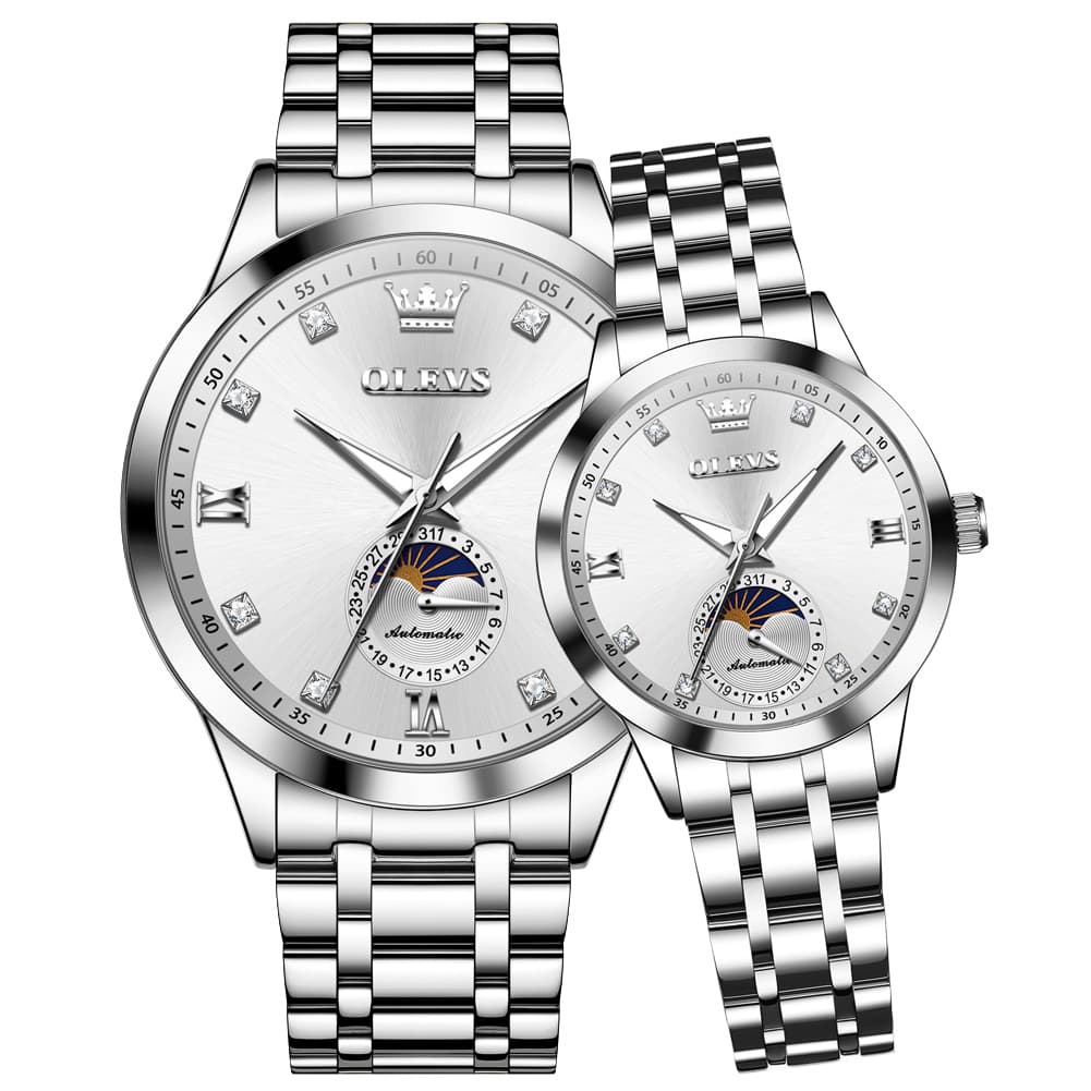 OLEVS 7041 Solid Steel Moon Phase Couples Watch Set - Silver White Watch | Olevs Watch Store