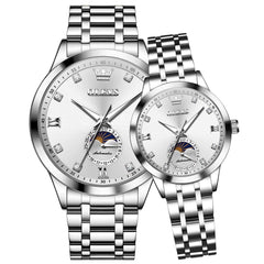 OLEVS 7041 Solid Steel Moon Phase Couples Watch Set - Silver White Watch | Olevs Watch Store