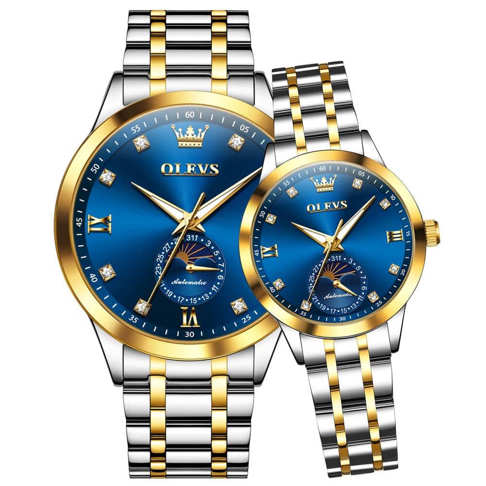 OLEVS 7041 Solid Steel Moon Phase Couples Watch Set - Two Tone Blue Watch | Olevs Watch Store